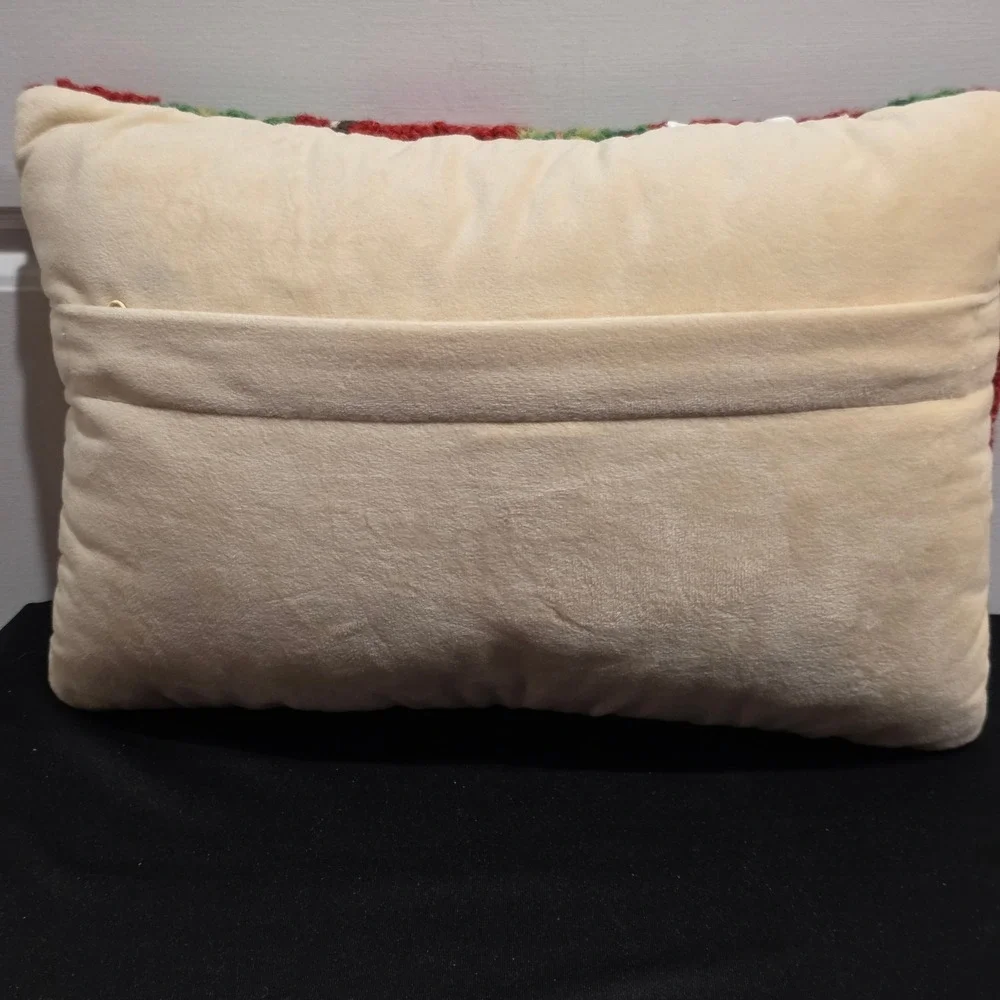 Vintage Hand Hooked Wool Chickadee Bird Accent Pillow, Red, Christmas Decor